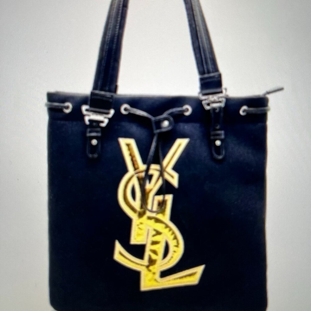 Yves Saint Laurent Black Tote Bag Handbag Canvas Cosmetics Gold Logo NEW